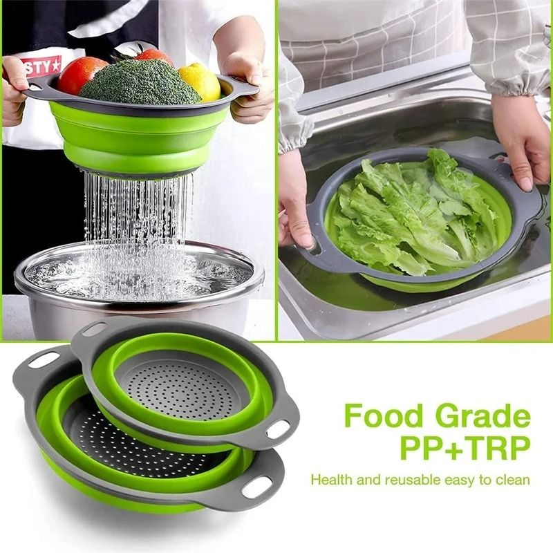 DualPack Collapsible Silicone Drainer System HighHeat Resistant FoodGrade Folding Colander Set 2