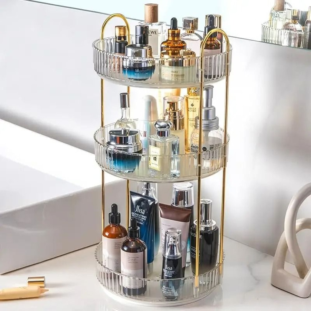 360 Rotating Cosmetic Management System 3Tier HighCapacity Vanity Organizer For Skincare Perfume 8