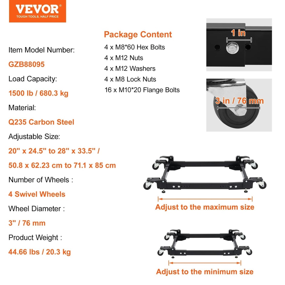 1500lb HighLoad Appliance Management System HeavyDuty Adjustable Mobile Roller Base 6