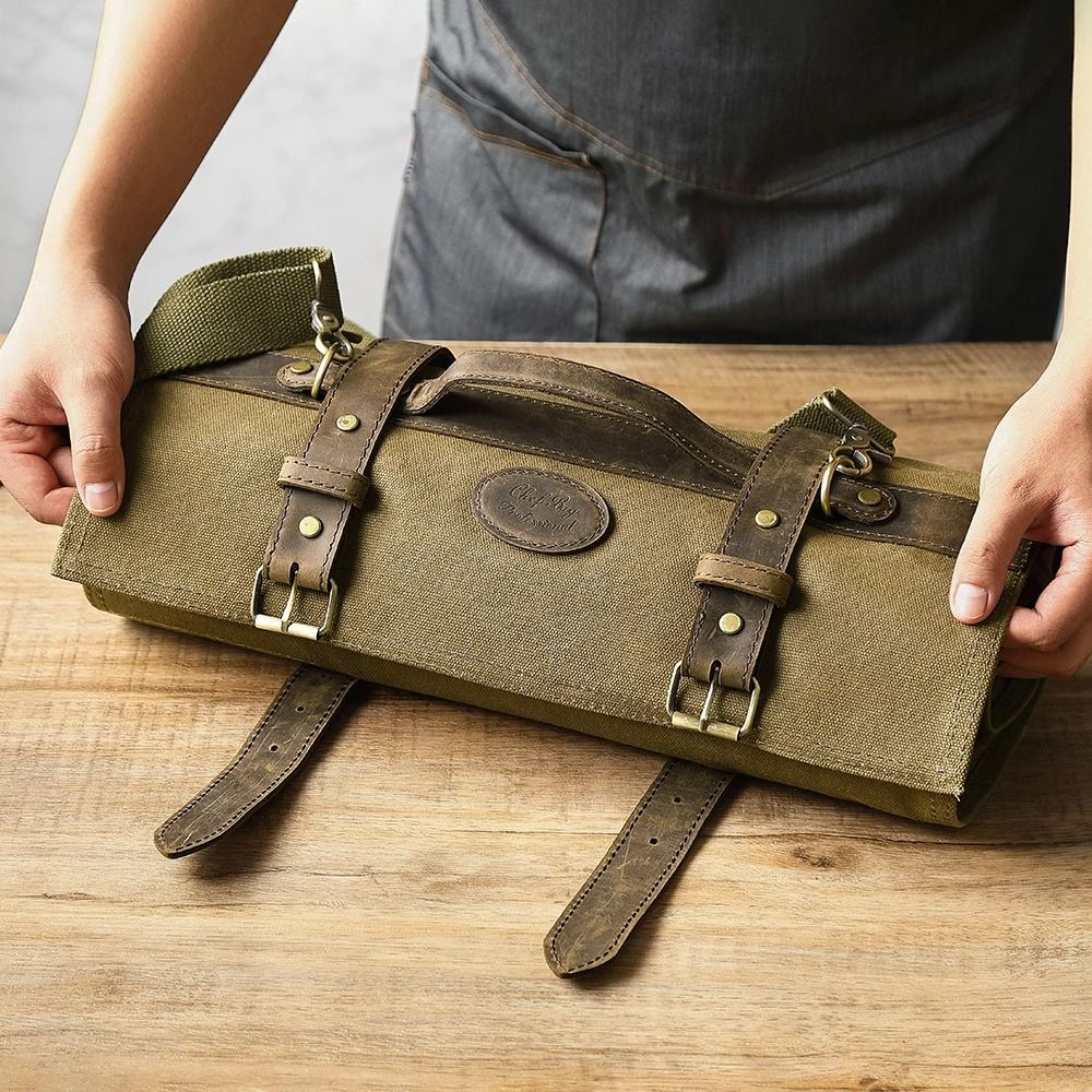 Oil Wax Canvas And Crazy Horse Leather Knife Roll Bag 3