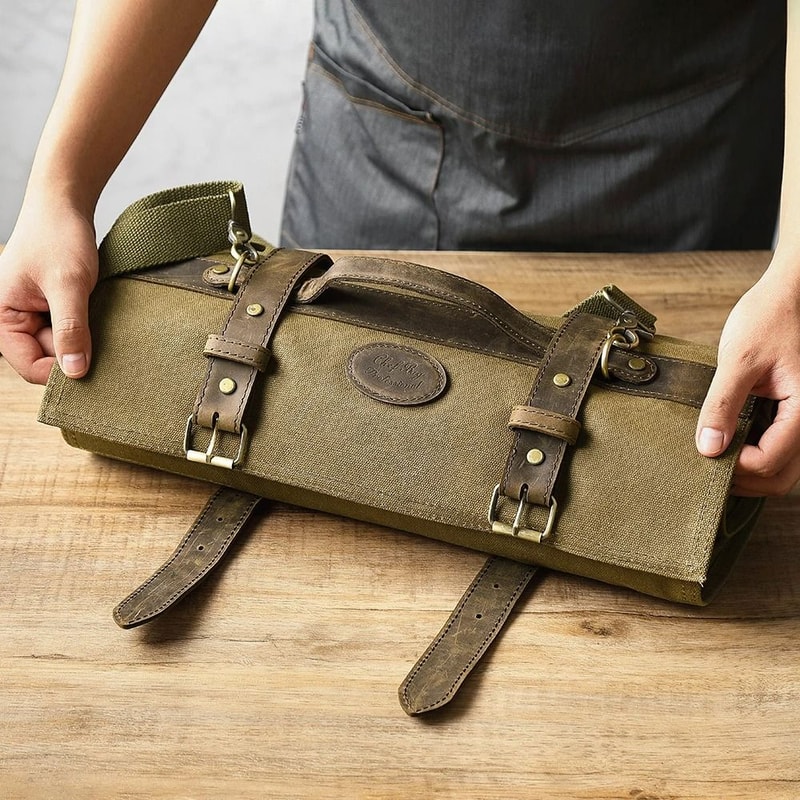Oil Wax Canvas And Crazy Horse Leather Knife Roll Bag 3