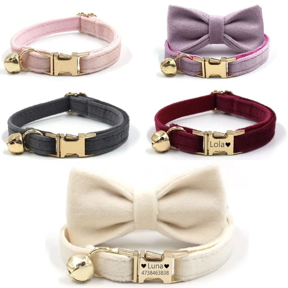 Luxury Personalized Velvet Cat Collar With Custom ID Tag 0