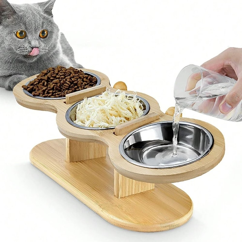 Orthopedic 3in1 Triple Pet Feeder With Solid Wood Stand 1