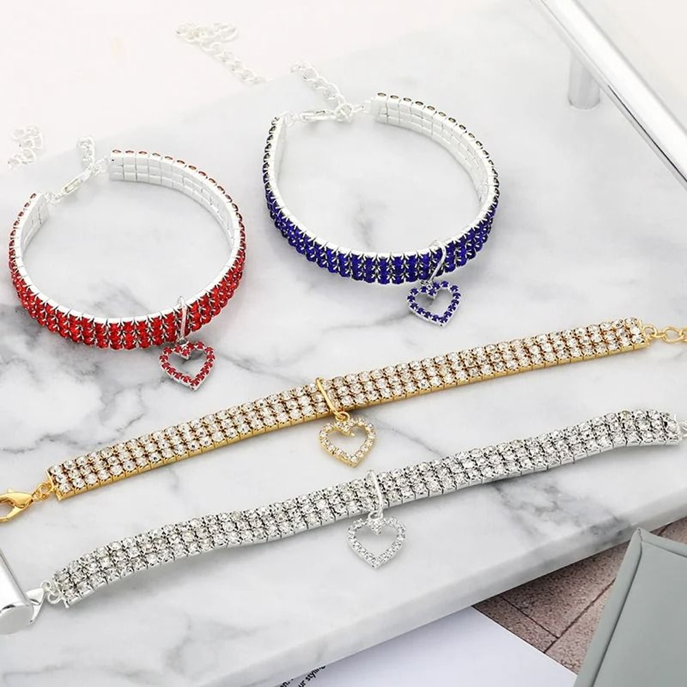 TripleRow Rhinestone Glamour Pet Collar With Heart Charm 2