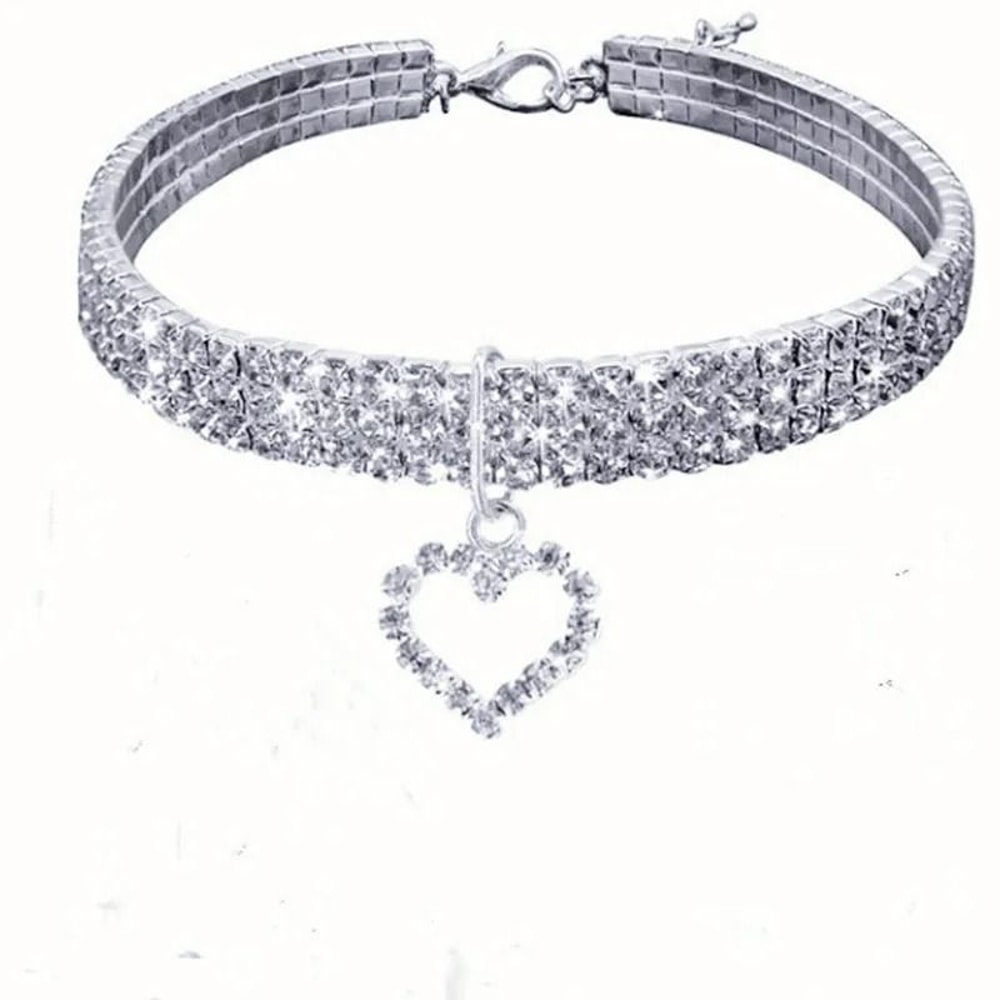 TripleRow Rhinestone Glamour Pet Collar With Heart Charm 10