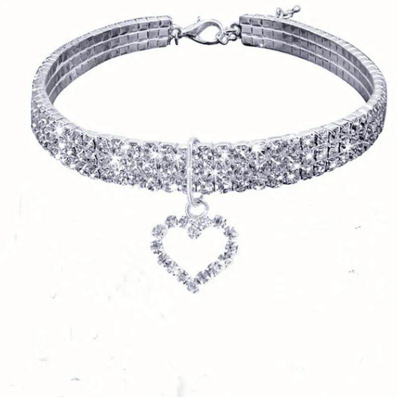 TripleRow Rhinestone Glamour Pet Collar With Heart Charm 10