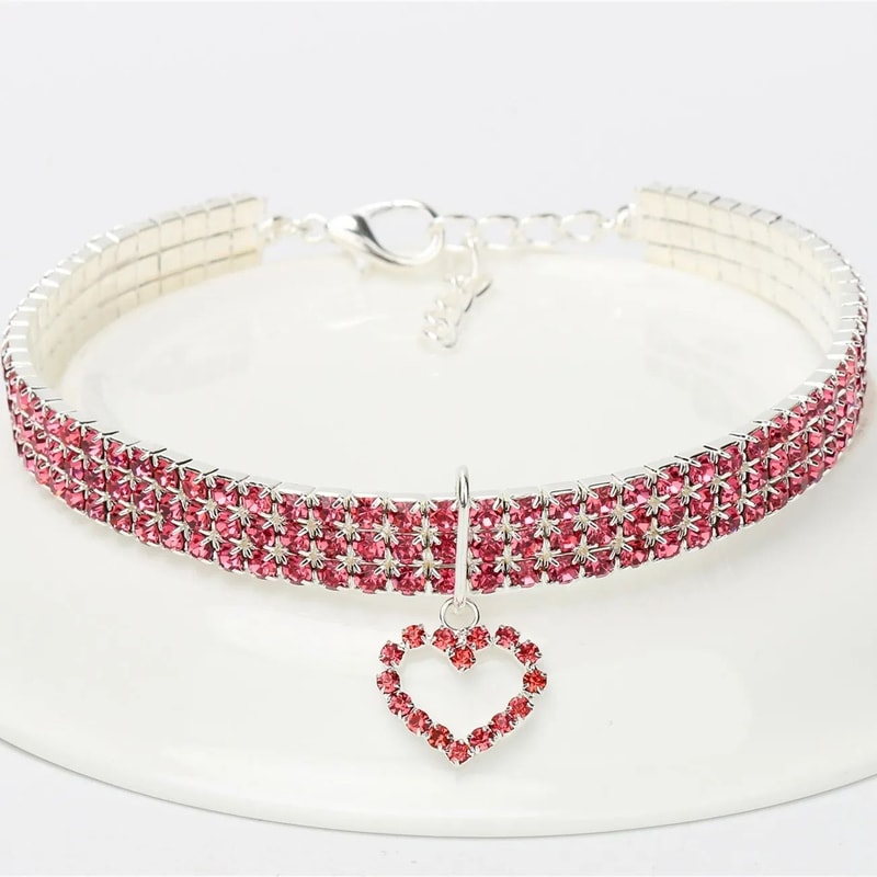 TripleRow Rhinestone Glamour Pet Collar With Heart Charm 7
