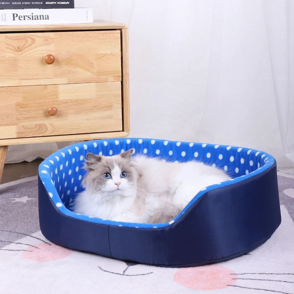 Plush Polka Dot Cat Bed With Support Walls And Padded Cushion 2