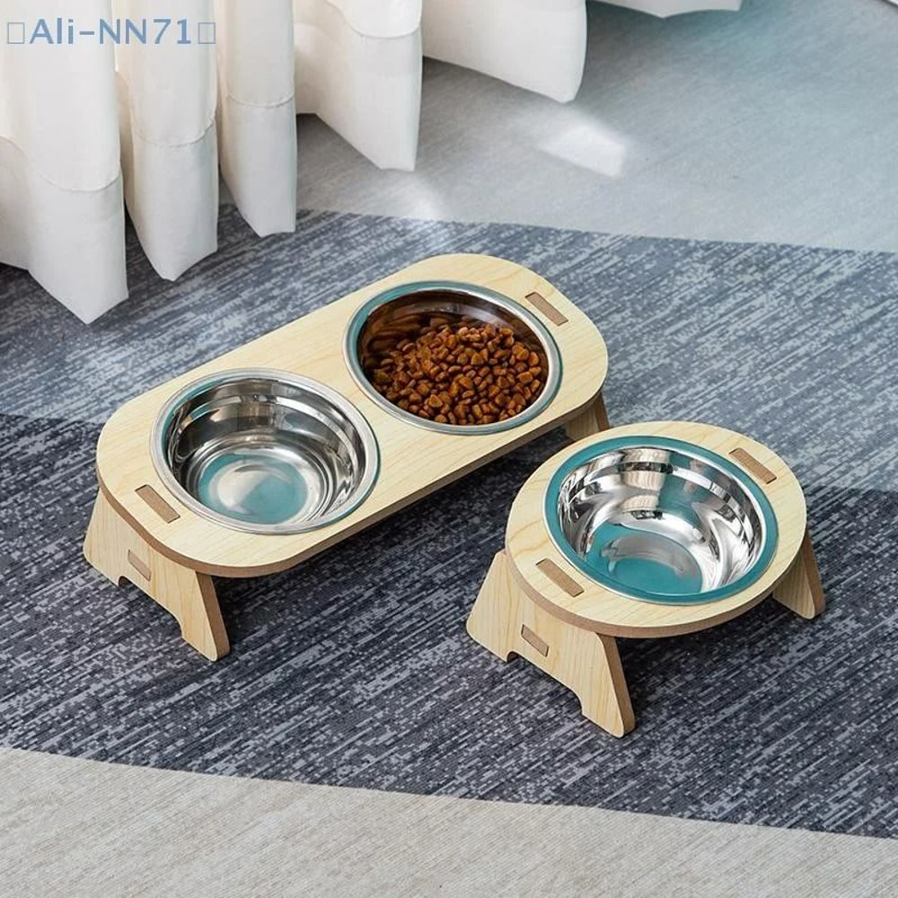 Elevated 2in1 Stainless Steel Pet Feeder With AntiTip Wooden Stand 3
