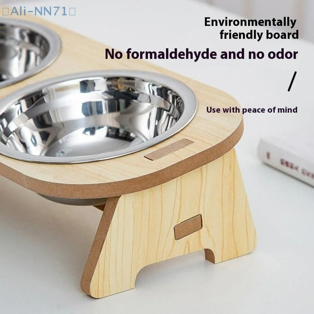 Elevated 2in1 Stainless Steel Pet Feeder With AntiTip Wooden Stand 5