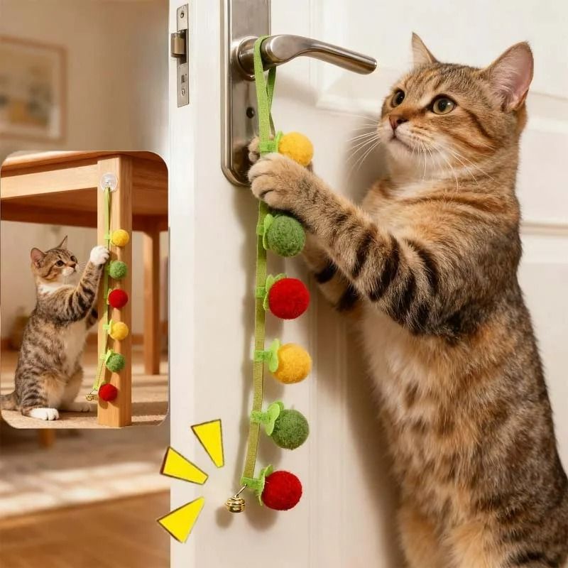 Hanging Felt Teaser Toy Interactive Squeaky Jingle Bell Teasing Wand 0