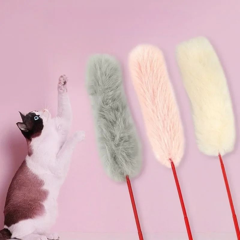 Faux Fur Pompom Teaser Wand Interactive Plush Pounce Training Toy 2