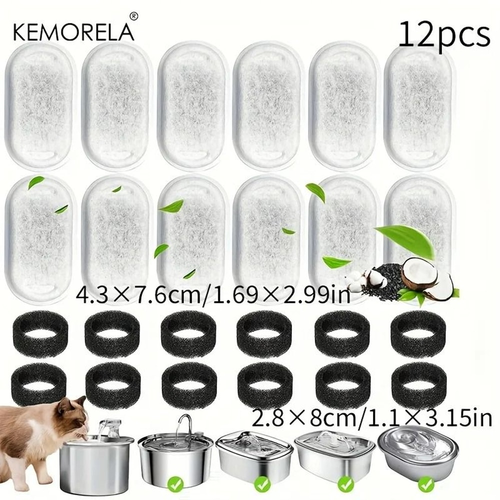 12Piece TripleAction Cat Fountain Replacement Filters Activated Carbon Sponge Water Care Set 7