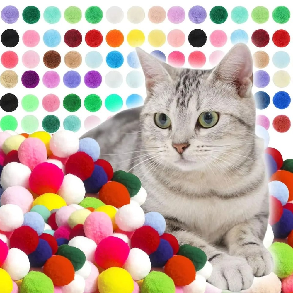 98Piece Premium Plush Cat Toy Balls Soft Assorted Color PomPoms For Chasing Interactive Play 0