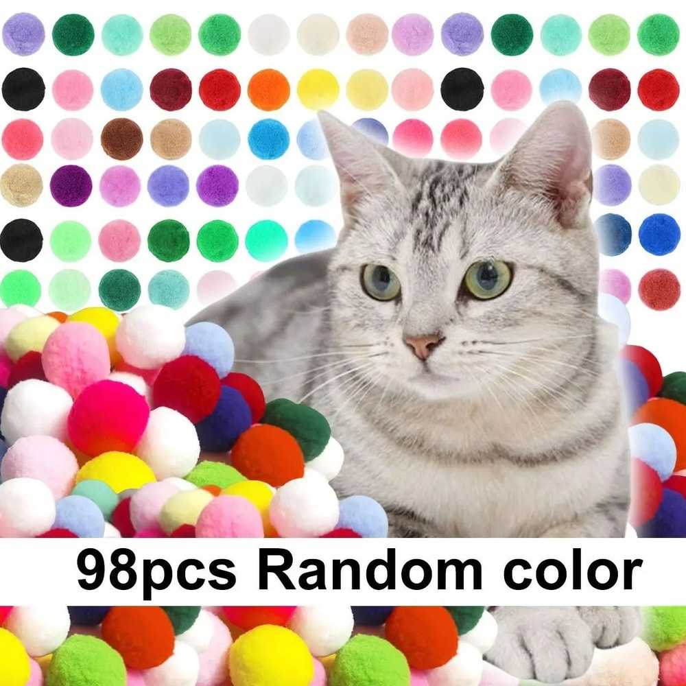 98Piece Premium Plush Cat Toy Balls Soft Assorted Color PomPoms For Chasing Interactive Play 6