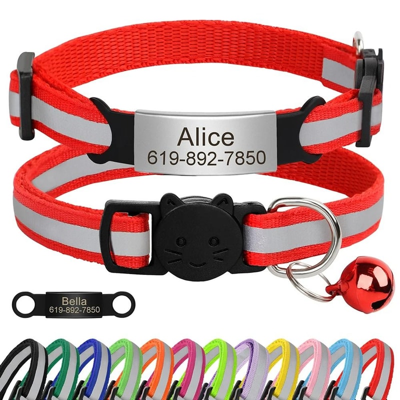 Customized Reflective Safety Cat Collar Personalized LaserEngraved ID Nameplate Bell 1