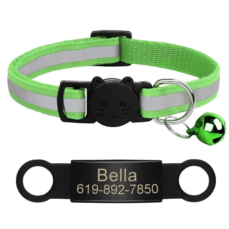 Customized Reflective Safety Cat Collar Personalized LaserEngraved ID Nameplate Bell 10