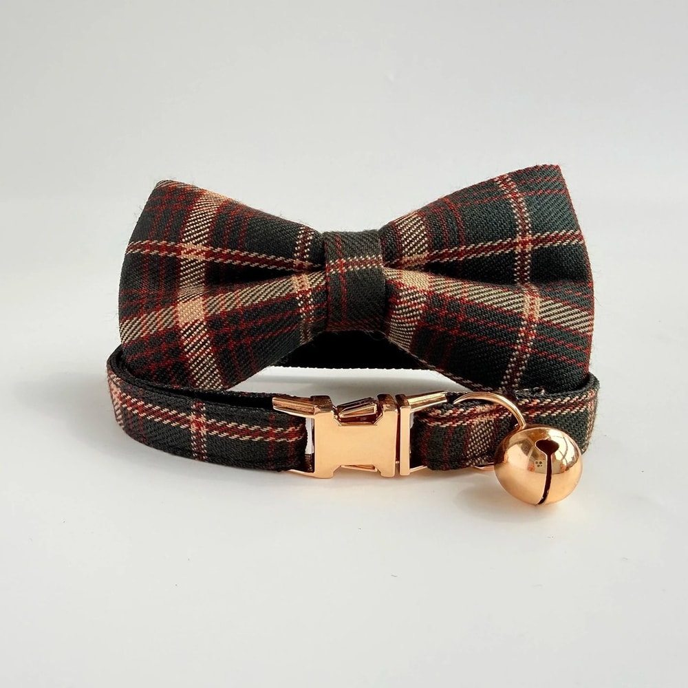 Elegant Tweed Checked Cat Collar With Personalized ID Plate Detachable Pearl Charm 10