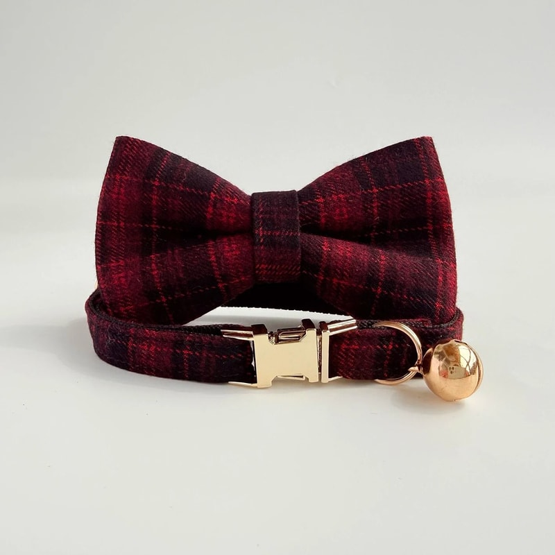 Elegant Tweed Checked Cat Collar With Personalized ID Plate Detachable Pearl Charm 11