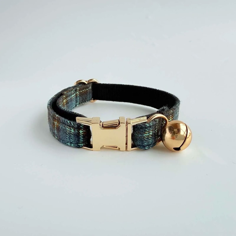 Elegant Tweed Checked Cat Collar With Personalized ID Plate Detachable Pearl Charm 6