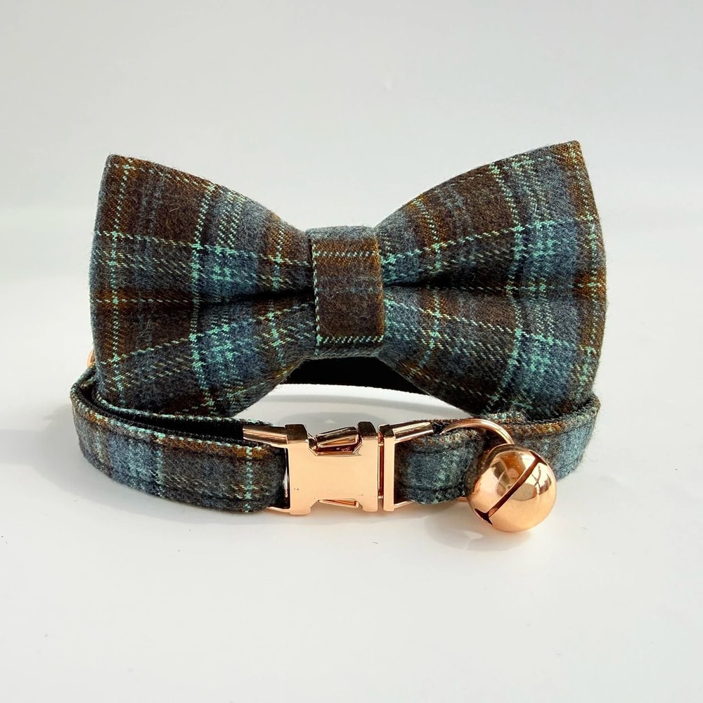 Elegant Tweed Checked Cat Collar With Personalized ID Plate Detachable Pearl Charm 13