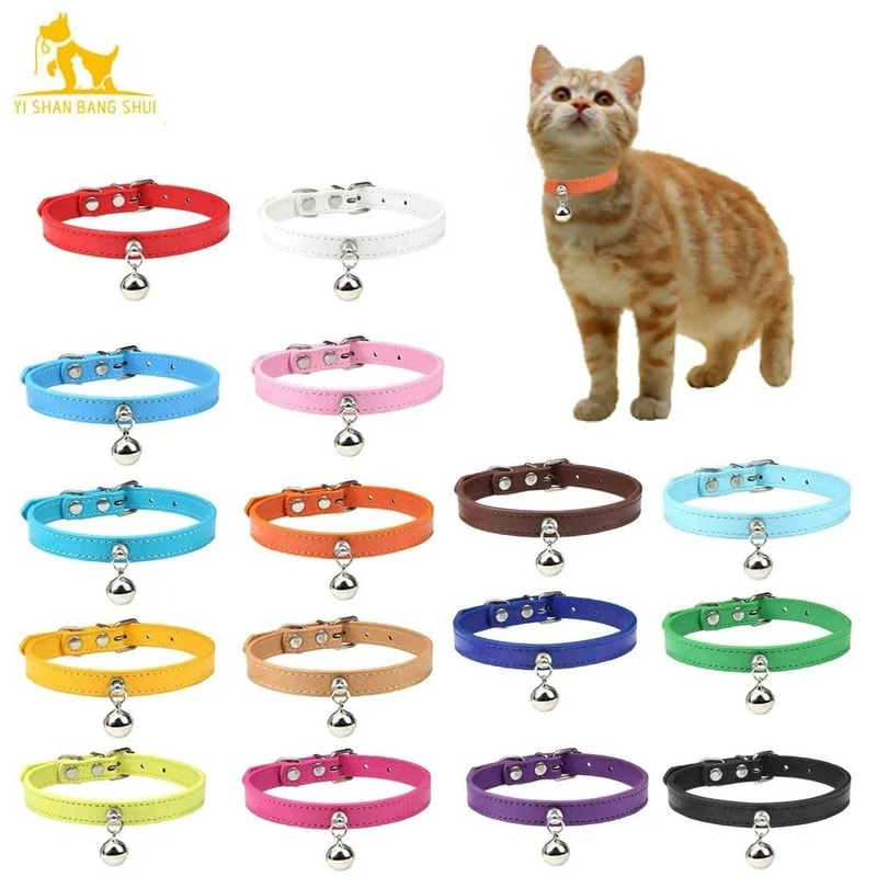 Colorful Adjustable Leather Pet Collar With Metallic Safety Bell 0