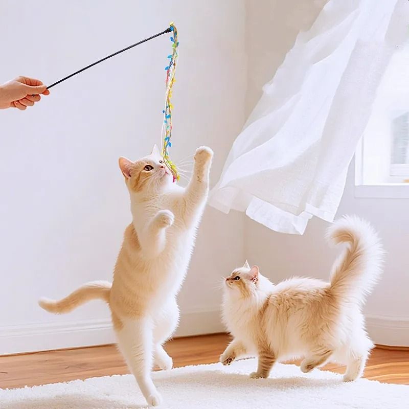 Interactive LongHandle Cat Teaser Wand With Ribbon Tassels And Sounding Bell 2
