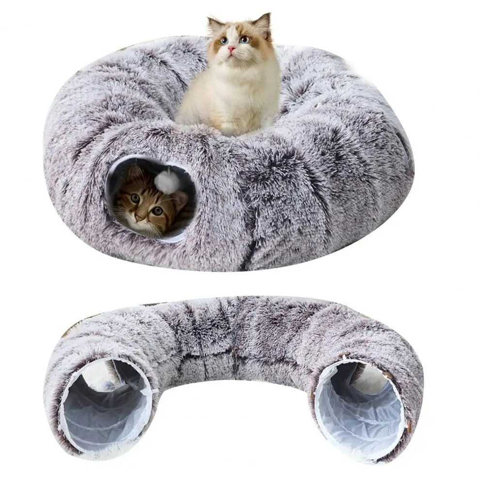 Plush Donut Cat Tunnel Bed Round Convertible Play Labyrinth With Hanging Toy Balls Washable Peeka 0
