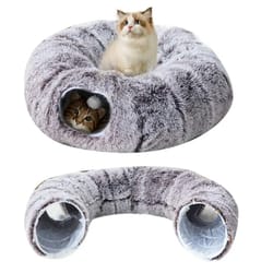 plush donut cat tunnel bed – round convertible play labyrinth with hanging toy balls & washable peekaboo hiding cave