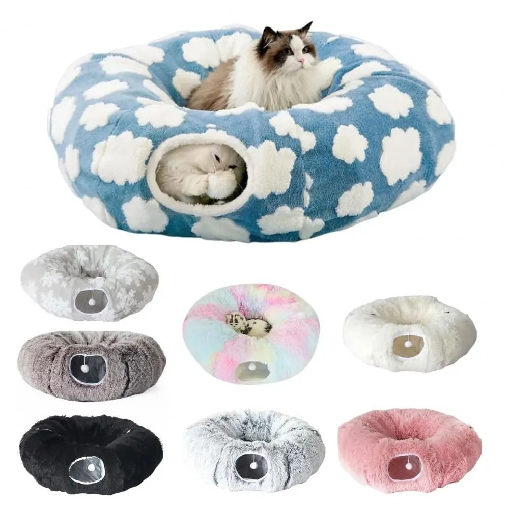 Plush Donut Cat Tunnel Bed Round Convertible Play Labyrinth With Hanging Toy Balls Washable Peeka 1