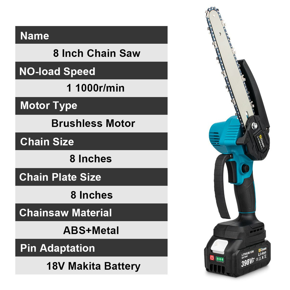 Gisam 8Inch Brushless Cordless Chainsaw  Lightweight Handheld Electric Saw Compatible With Makita 6