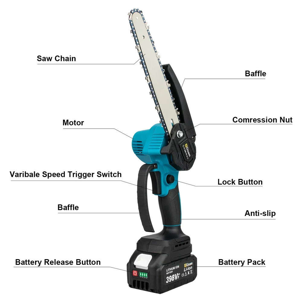 Gisam 8Inch Brushless Cordless Chainsaw  Lightweight Handheld Electric Saw Compatible With Makita 7