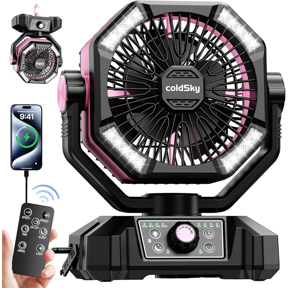 ColdSky 20000mAh Portable Camping Fan With LED Lantern  8Speed Rechargeable Fan For Tent Outdoor  E 0
