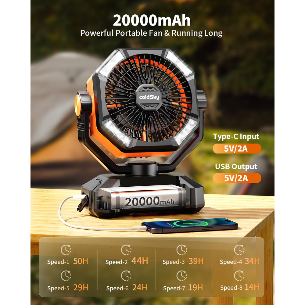 ColdSky 20000mAh Portable Camping Fan With LED Lantern  8Speed Rechargeable Fan For Tent Outdoor  E 3