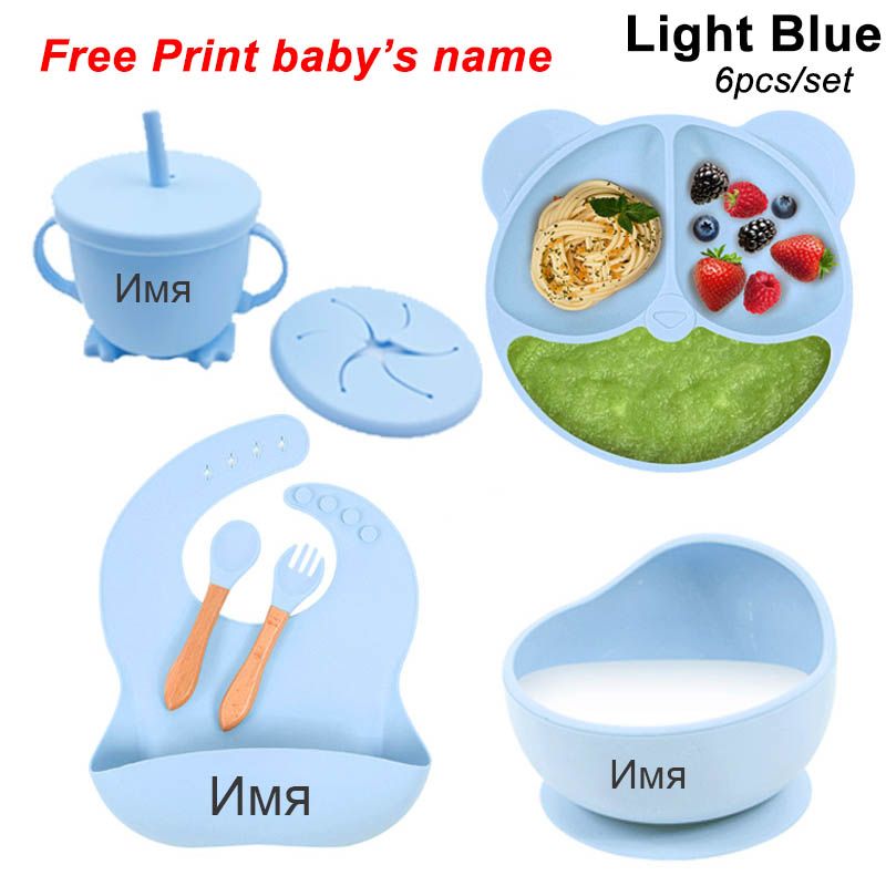 6Piece Silicone Baby Feeding Set  Suction Bowl Plate Bib  Utensils For MessFree Mealtime 1