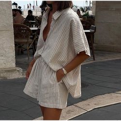 casual stripe print single breasted shirt sets womem's oversized elastic waist shorts suits 2025 lady summer high street