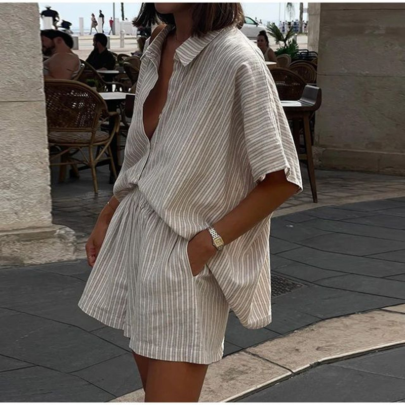 Casual Stripe Print Single Breasted Shirt Sets Womems Oversized Elastic Waist Shorts Suits 2025 Lad 0