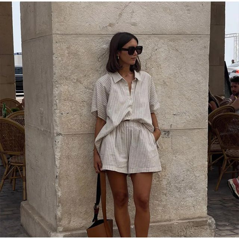 Casual Stripe Print Single Breasted Shirt Sets Womems Oversized Elastic Waist Shorts Suits 2025 Lad 4