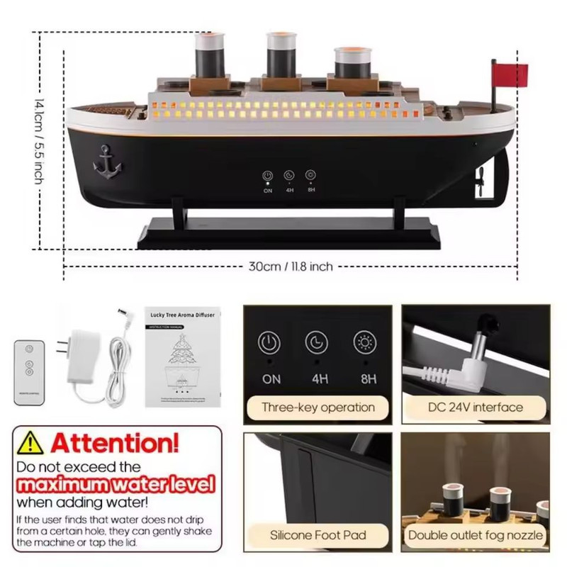 AromaVoyage Titanic Ship Humidifier  250ml Cool Mist Diffuser With Remote And Jellyfish Smoke Effec 5