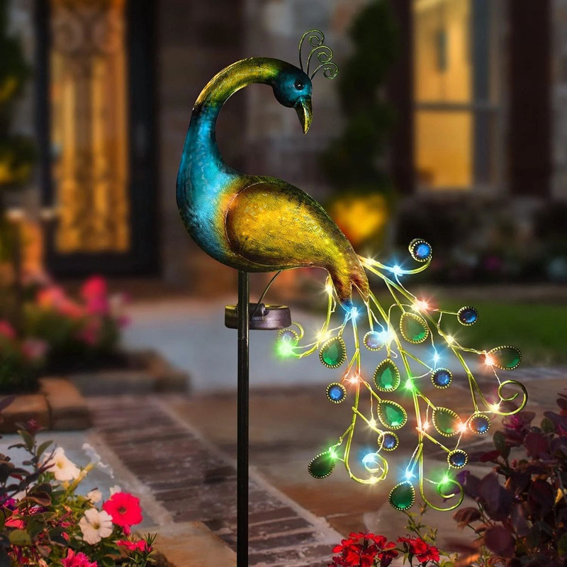 LumiFeather Solar Peacock Light  Elegant Outdoor Stake With Warm White  ColorChanging Glow 2
