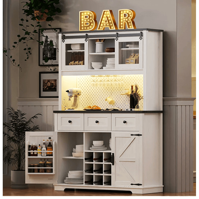 71in Rustic Coffee Bar Cabinet  Farmhouse Pantry With Power Outlet And Storage Drawers 3