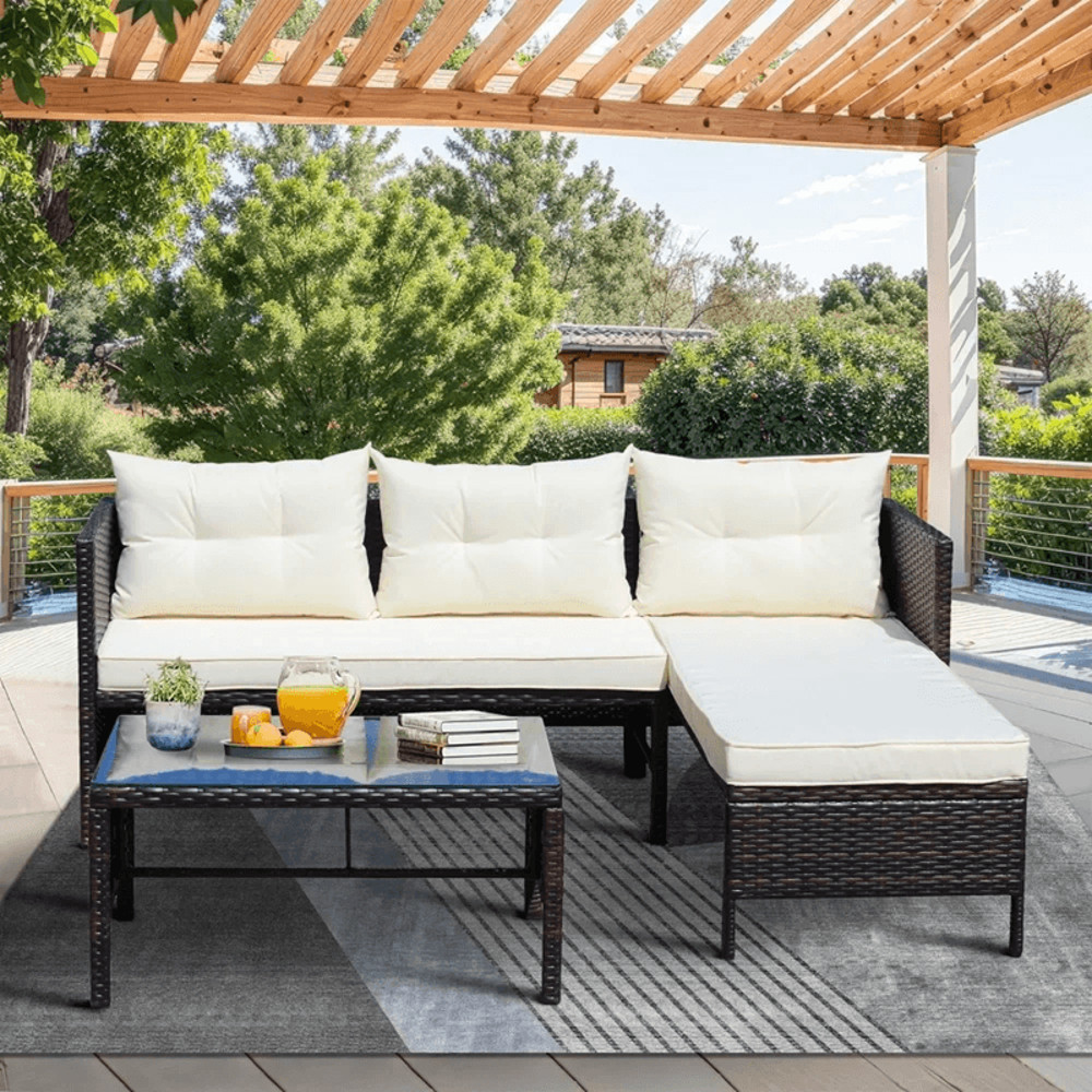 3Piece Outdoor Patio Furniture Set AllWeather Wicker Conversation Set With Chaise Lounge 0