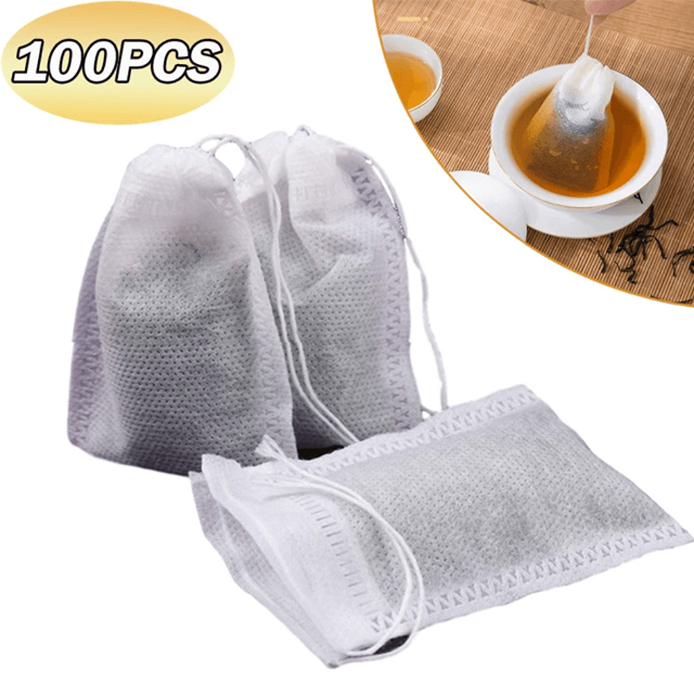 100Pack Disposable Tea Filter Bags  NonWoven Drawstring Infusers For Loose Leaf Tea Herbs And Spice 0