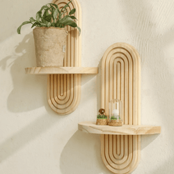 boho geometric wooden wall shelf – natural wood modern wall decor for plants and accents