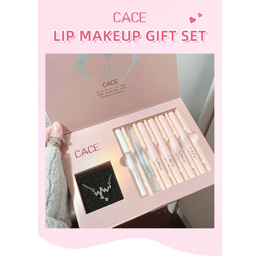 CACE 4in1 Matte Liquid Lipstick Gift Set LongLasting Lip Color With Lip Gloss Plumper Necklace 0
