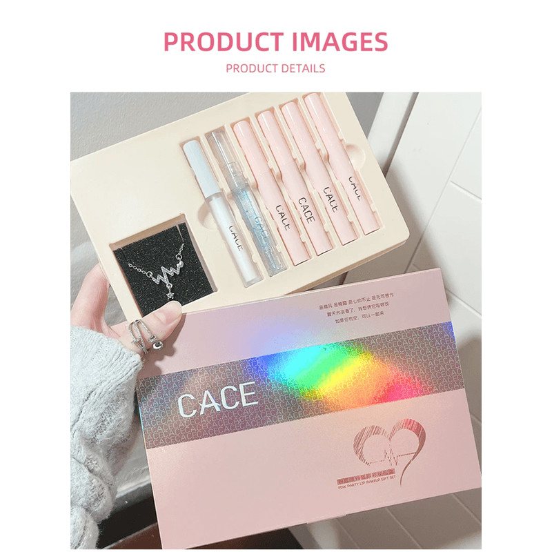 CACE 4in1 Matte Liquid Lipstick Gift Set LongLasting Lip Color With Lip Gloss Plumper Necklace 3