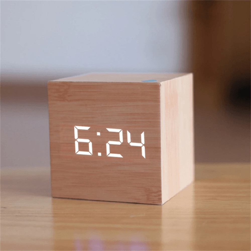 Wooden Square LED VoiceControl Alarm Clock Retro Glow Table Clock With Snooze 0