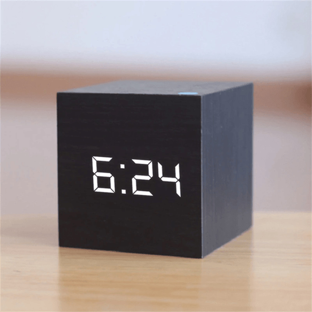 Wooden Square LED VoiceControl Alarm Clock Retro Glow Table Clock With Snooze 1