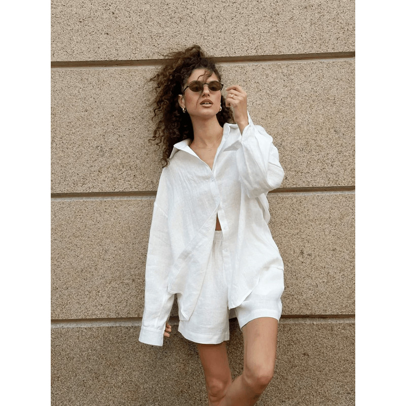 Womens Cotton Lounge Shorts Set TwoPiece Long Sleeve Summer Outfit 1