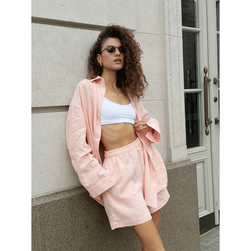 Womens Cotton Lounge Shorts Set TwoPiece Long Sleeve Summer Outfit 3